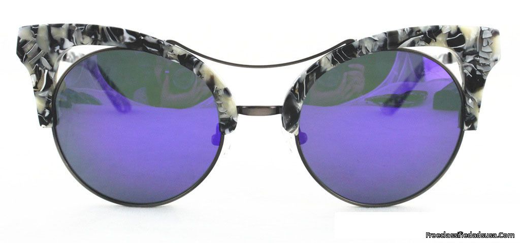 Cat Eye Black White Frame & Purple Black Mirror Lens