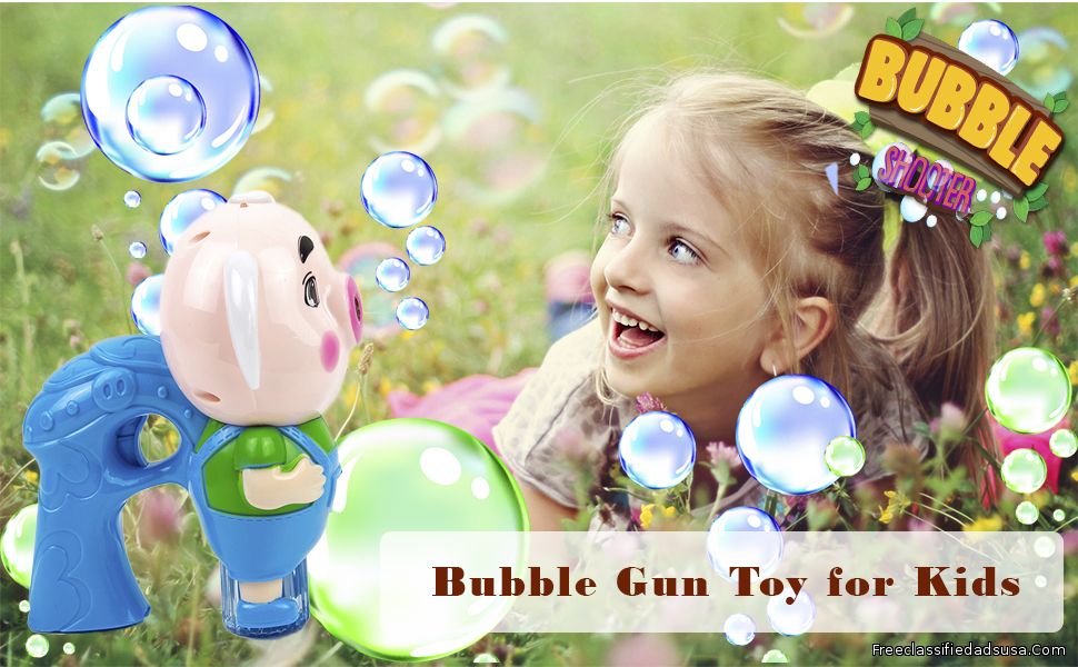 Toysery Blue Pig Bubble Gun Machine for Kids, Non Toxic Toy Blaster with 1 Soap Solution Refill